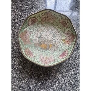 Vintage Solid Brass Enameled Bowl  Colorful Peacock Design Made In India